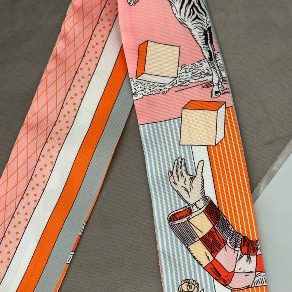 HERMES Logos Tie Twilly Scarf 100% Silk Orange Lion Made In France